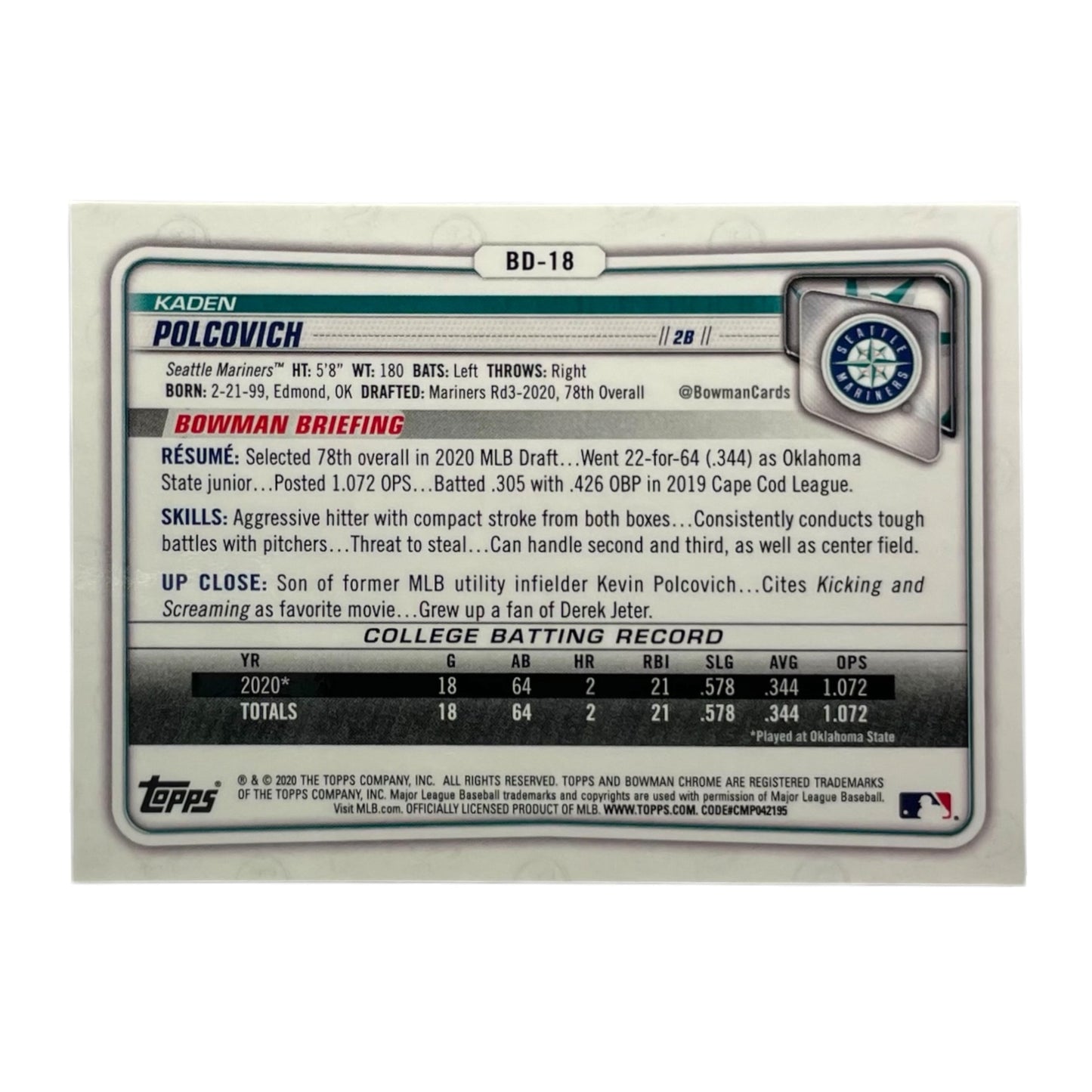 TOPPS MLBカード BOWMAN CHROME 1ST KADEN POLCOVICH SEATTLE MARINERS /25 #BD-18 中古 IT2