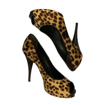 FENDI フェンディ パンプス レディース レオパード ハラコ オープントゥ ハイヒール ピンヒール 37.5 ブラウン 中古 T1