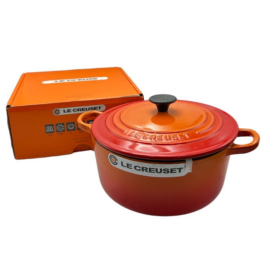 未使用品 LE CREUSET ルクルーゼ ココット ロンド 22cm TRA COC RD 22 両手鍋 ボルカニック 調理器具 オレンジ キッチンツール 3.3L 中古 W４