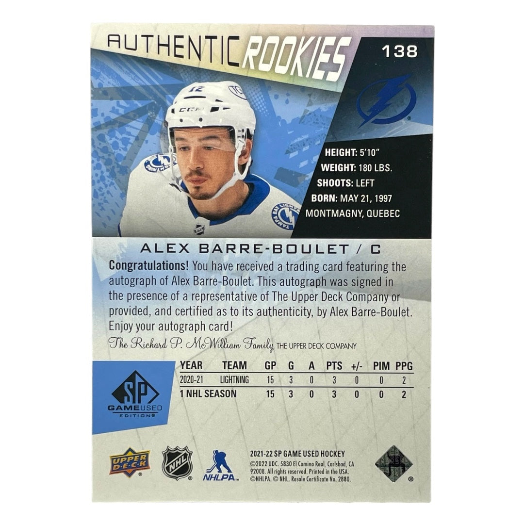 UPPER DECK NHLカード SP GAME USED ALEX BARRE-BOULET TAMPA BAY LIGHTNING #138 中古 IT2