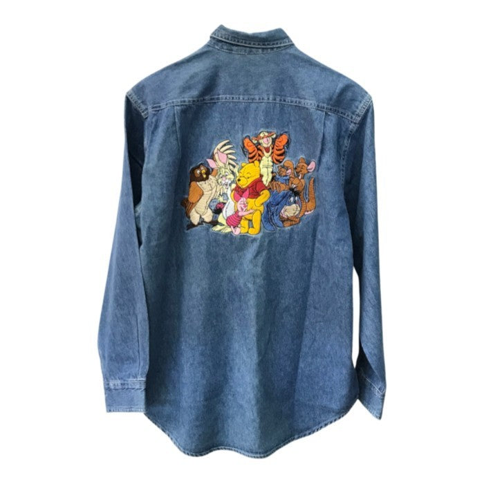ディズニー くまのプーさん シャツ メンズ 長袖 コットン デニム 刺繍 ヴィンテージ ブルー Sサイズ 中古 T1