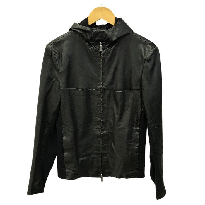 EMPORIO ARMANI エンポリオアルマーニ レザージャケット メンズ ラムレザー フルジップ フード 異素材 切り替え ブラック 48サイズ P1R10P P1P17 中古 T1