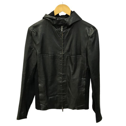 EMPORIO ARMANI エンポリオアルマーニ レザージャケット メンズ ラムレザー フルジップ フード 異素材 切り替え ブラック 48サイズ P1R10P P1P17 中古 T1