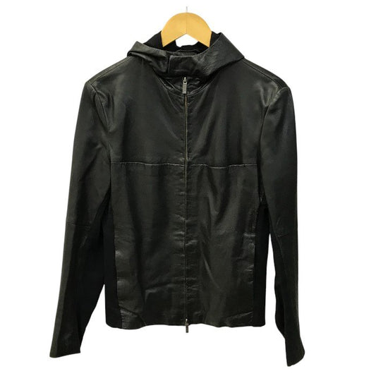 EMPORIO ARMANI エンポリオアルマーニ レザージャケット メンズ ラムレザー フルジップ フード 異素材 切り替え ブラック 48サイズ P1R10P P1P17 中古 T1