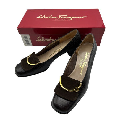 ジャンク品 Salvatore Ferragamo サルヴァトーレ フェラガモ クロコ調 スエード パンプス 87960A48 6(約23.5cm) 靴 シューズ レザー レディース 中古 W４
