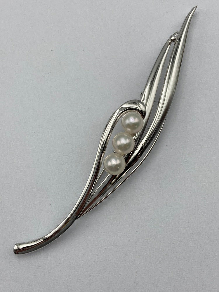 SILVER 6.0mmパール 3連 ブローチ リーフ 中古 D4