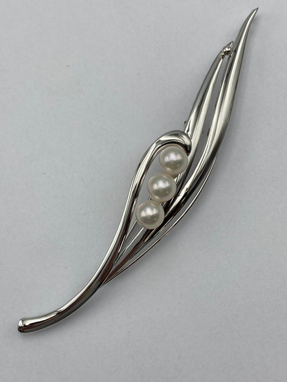 SILVER 6.0mmパール 3連 ブローチ リーフ 中古 D4