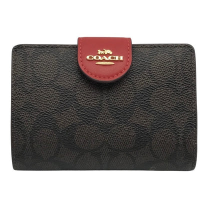 COACH コーチ シグネチャー 財布 レディース 2つ折り PVC コーテッドキャンバス パスケース ブラウン/レッド CW786 中古 T1