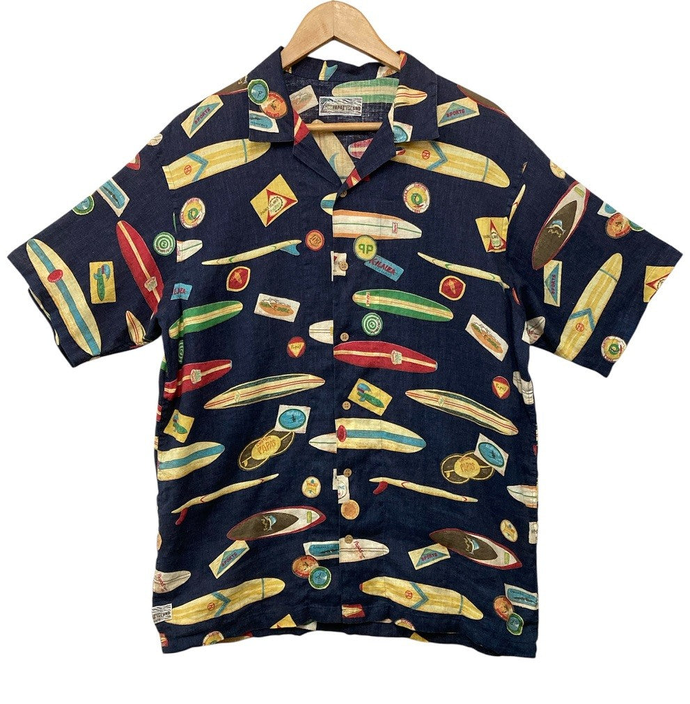 PAPAS ISLAND パパス 麻100% 半袖シャツ サーフ柄 中古 D4
