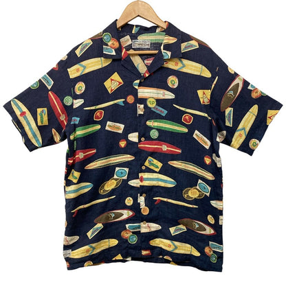 PAPAS ISLAND パパス 麻100% 半袖シャツ サーフ柄 中古 D4