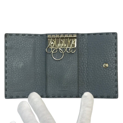 FENDI フェンディ セレリア 6連キーケース ユニセックス selleria レザー ステッチ 無地 ブルーグレー 中古 T1
