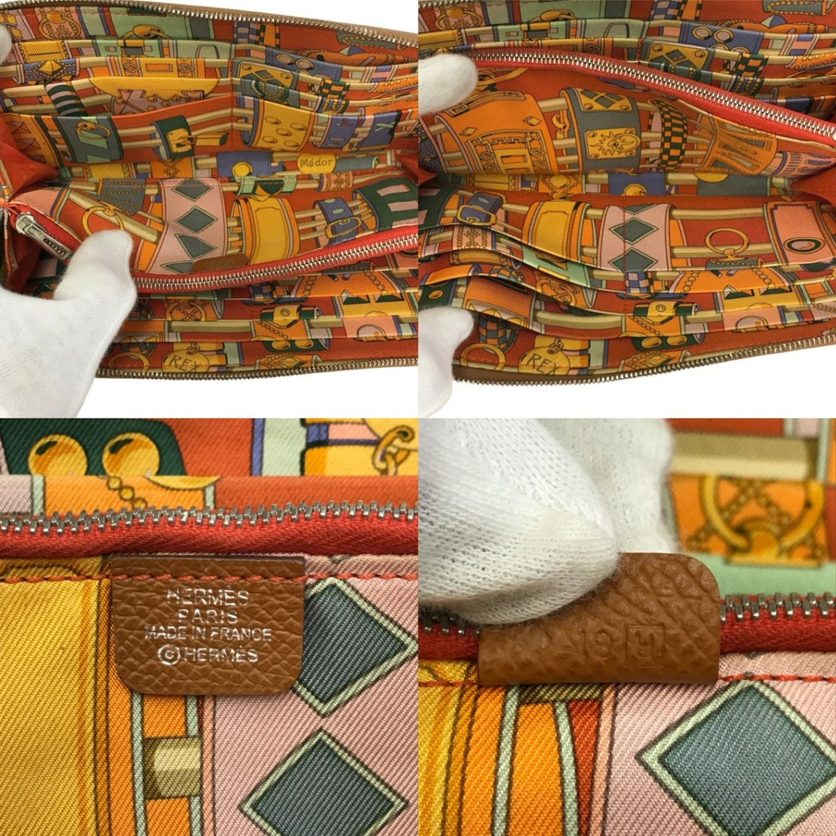 HERMES エルメス アザップロング シルクイン 長財布 レディース ラウンドジップ ファスナー スカーフ柄 ブラウン/オレンジ 中古 T1