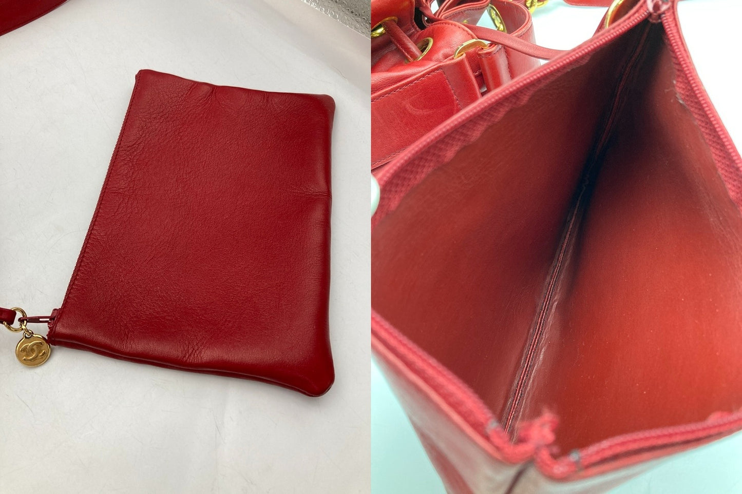 CHANEL シャネル ラムスキン ショルダーバッグ レディース 巾着 チェーンショルダー レッド 中古 D4