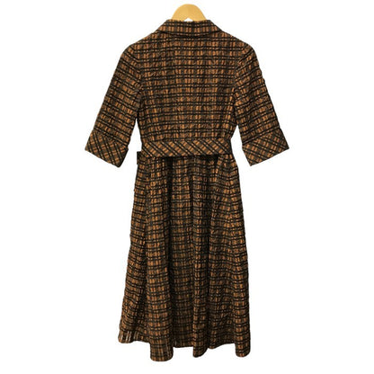 Rene ルネ TISSUE ワンピース レディース フレア 5分袖 チェック柄 ベルト付き しわ加工 ブラウン 36サイズ 6136077 中古 T1
