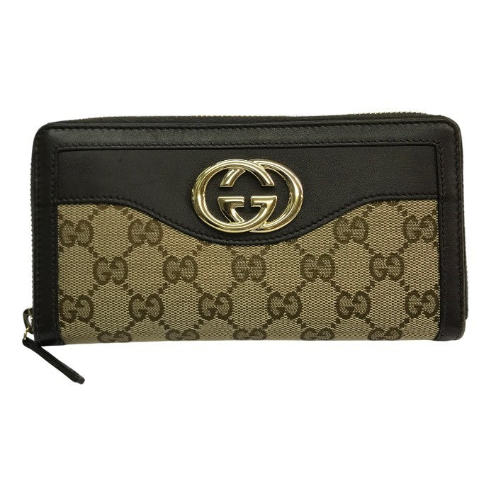 GUCCI グッチ GGキャンバス SUKEY 長財布 ユニセックス ラウンドファスナー ジップ スーキー インターロッキング ブラウン 308012 中古 T1