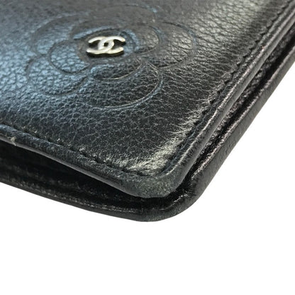 CHANEL シャネル 長財布 レディース 2つ折り レザー カメリア ココマーク シルバー金具 ブラック 中古 T1