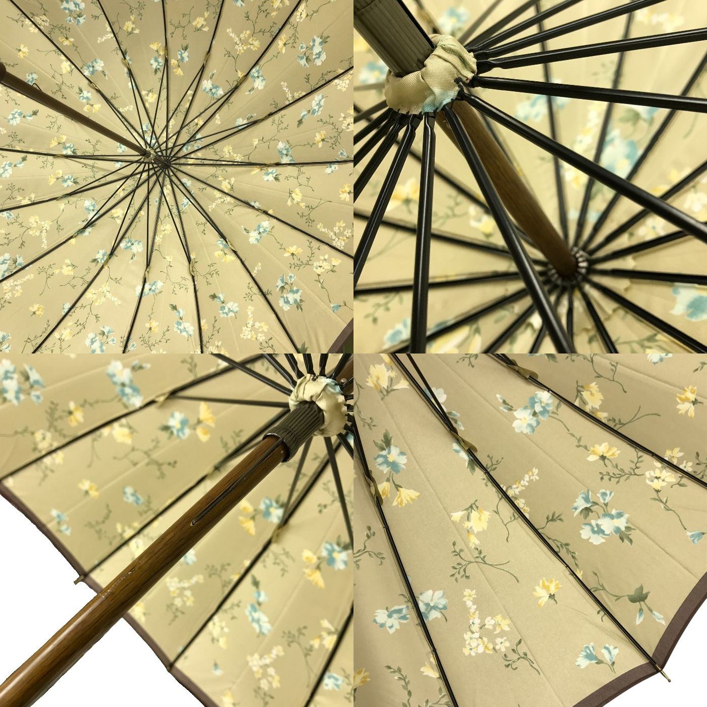 雨傘 レディース 手開き式 長傘 花柄 16本骨 レザーハンドル ベージュ/ブラウン 中古 T1