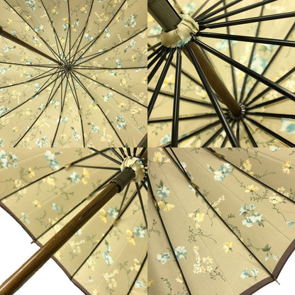 雨傘 レディース 手開き式 長傘 花柄 16本骨 レザーハンドル ベージュ/ブラウン 中古 T1