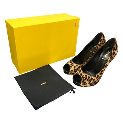 FENDI フェンディ パンプス レディース レオパード ハラコ オープントゥ ハイヒール ピンヒール 37.5 ブラウン 中古 T1