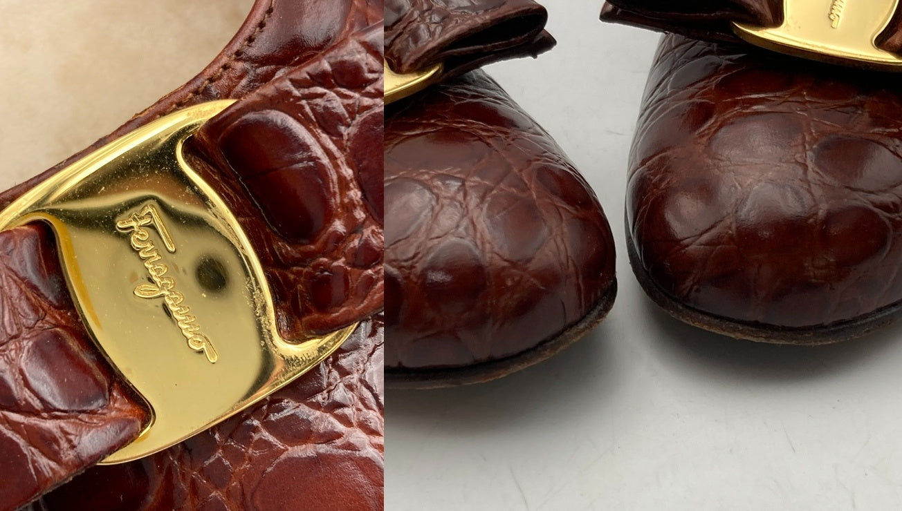 Salvatore Ferragamo サルヴァトーレフェラガモ ヴァラリボン 型押しレザー パンプス ブラウン サイズ8(約25.5cm) 中古 D4