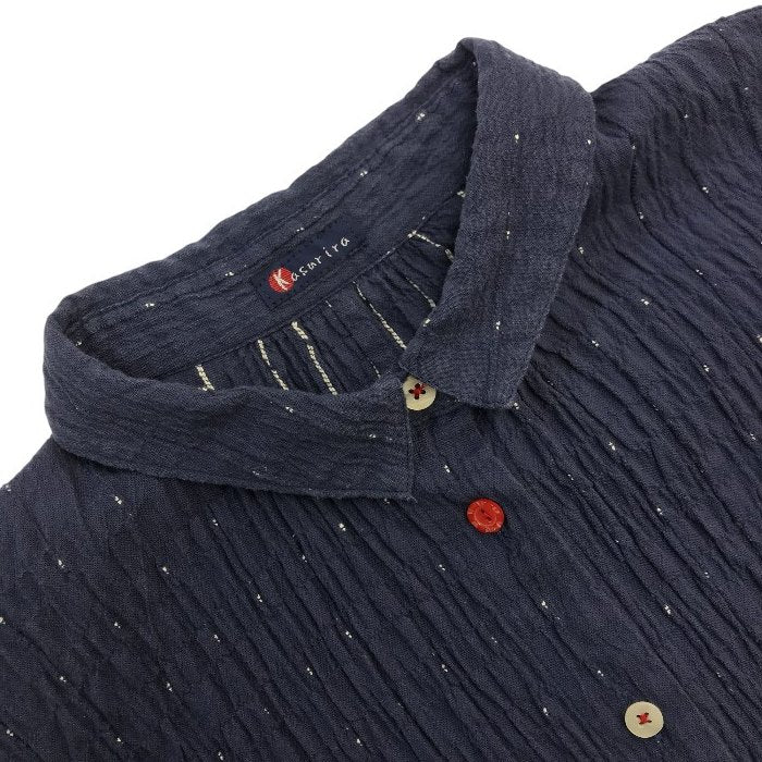Kasurira カスリラ ブラウス レディース コットン 5分袖 シャツ 袖口ゴム ちりめん風 ネイビー M~Lサイズ 中古 T1