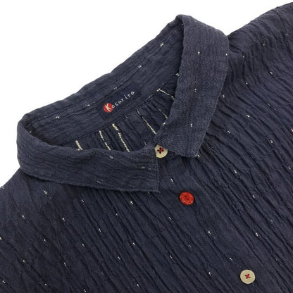 Kasurira カスリラ ブラウス レディース コットン 5分袖 シャツ 袖口ゴム ちりめん風 ネイビー M~Lサイズ 中古 T1