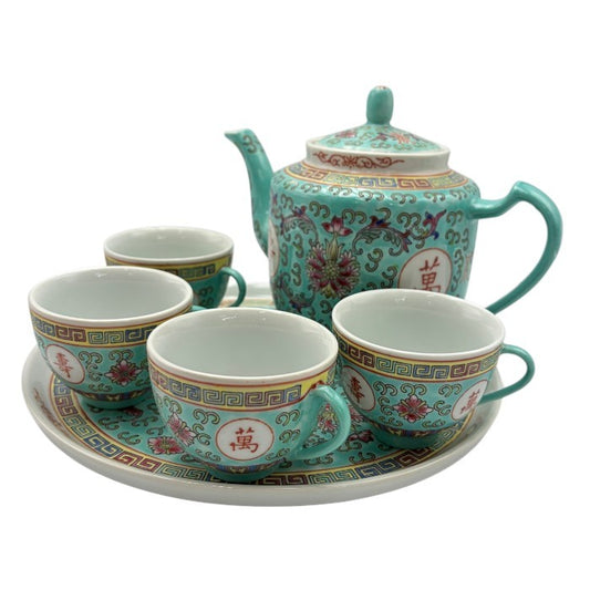 中国 景徳鎮 萬壽無疆 茶器セット 中国茶器 カップ ポット 茶盤 ターコイズ おしゃれ インテリア 中古 W４