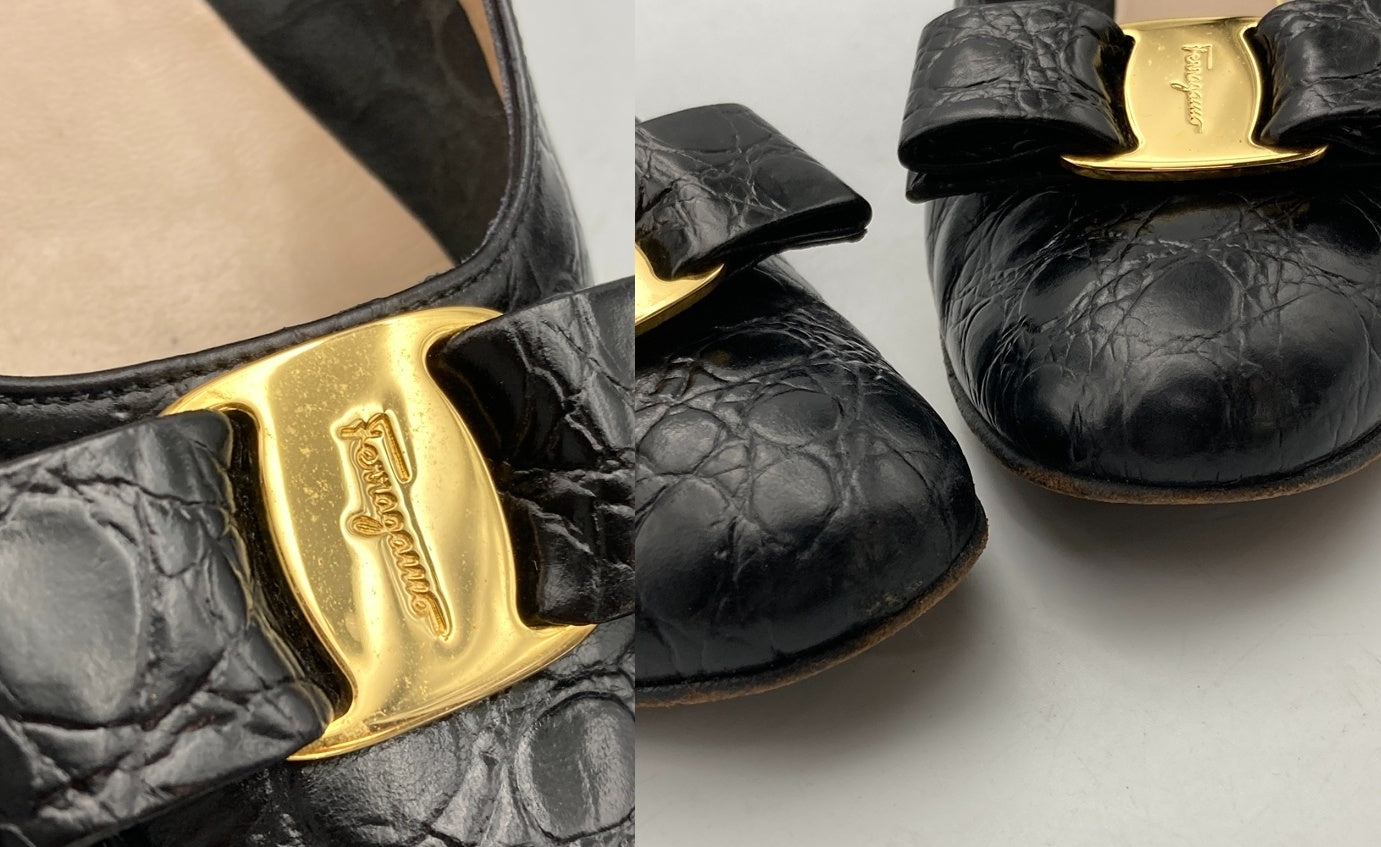 Salvatore Ferragamo サルヴァトーレフェラガモ ヴァラリボン 型押しレザー パンプス サイズ8(約25.5cm) 中古 D4