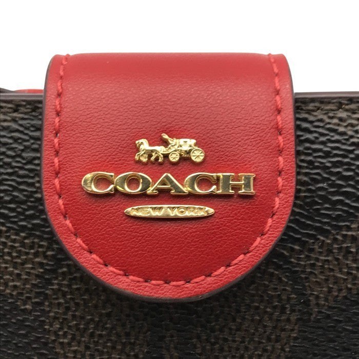 COACH コーチ シグネチャー 財布 レディース 2つ折り PVC コーテッドキャンバス パスケース ブラウン/レッド CW786 中古 T1