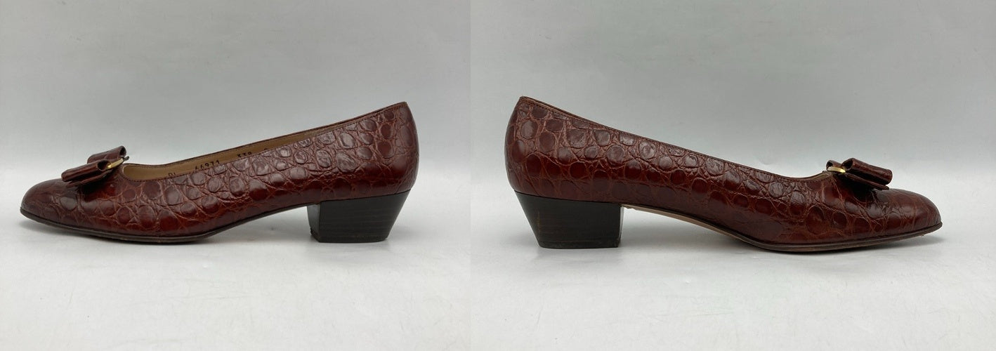 Salvatore Ferragamo サルヴァトーレフェラガモ ヴァラリボン 型押しレザー パンプス ブラウン サイズ8(約25.5cm) 中古 D4