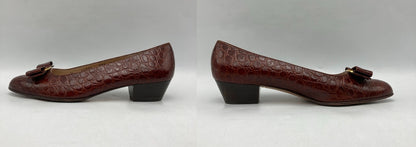 Salvatore Ferragamo サルヴァトーレフェラガモ ヴァラリボン 型押しレザー パンプス ブラウン サイズ8(約25.5cm) 中古 D4