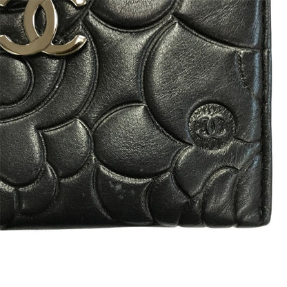 CHANEL シャネル カメリア カードケース レディース レザー エンボス ココマーク シルバー金具 ブラック 中古 T1
