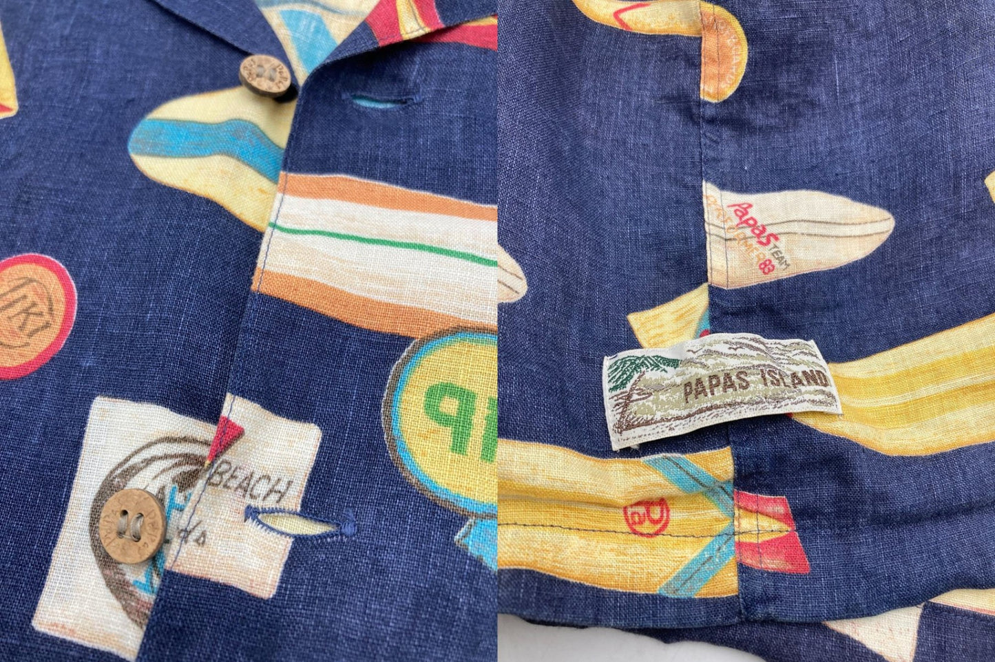 PAPAS ISLAND パパス 麻100% 半袖シャツ サーフ柄 中古 D4