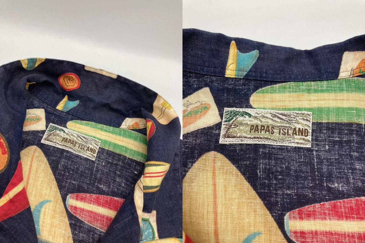 PAPAS ISLAND パパス 麻100% 半袖シャツ サーフ柄 中古 D4