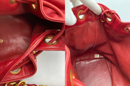 CHANEL シャネル ラムスキン ショルダーバッグ レディース 巾着 チェーンショルダー レッド 中古 D4