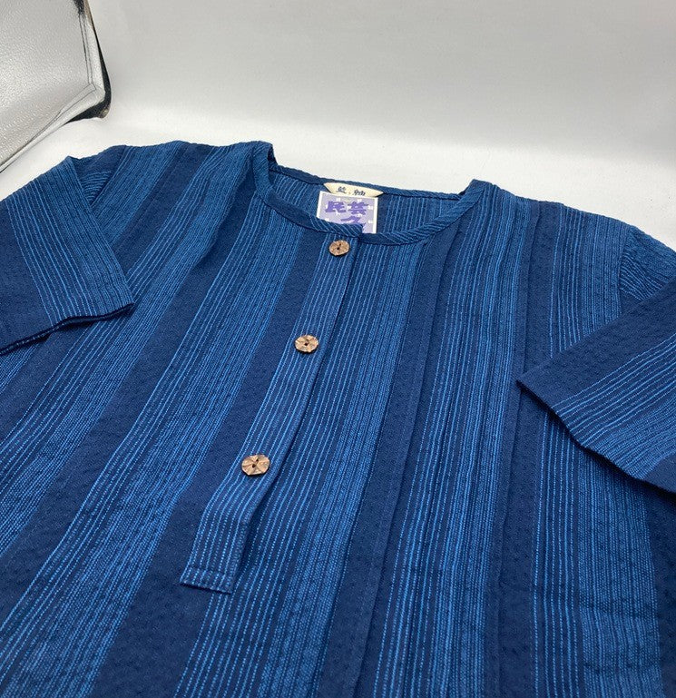 久留米織 しじら 藍紬 半袖ブラウス 1076-2 サイズL レディース 中古 D4