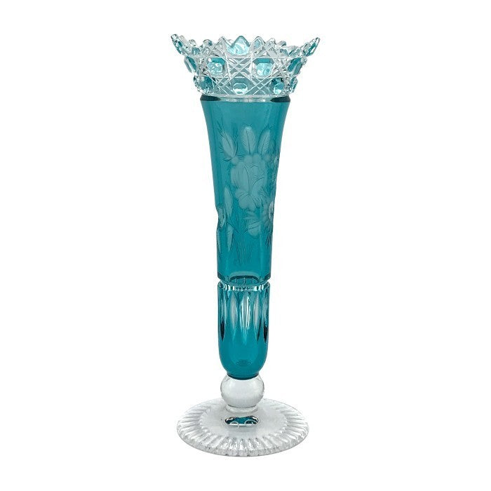 Meissener Bleikristall マイセン クリスタル 一輪挿し フラワーベース 花瓶 ハンドカット 花柄 ターコイズ 中古 T1