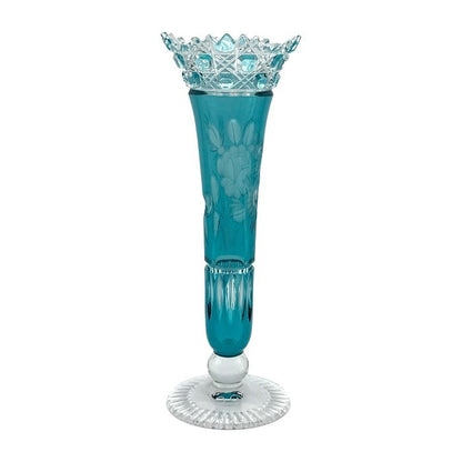 Meissener Bleikristall マイセン クリスタル 一輪挿し フラワーベース 花瓶 ハンドカット 花柄 ターコイズ 中古 T1