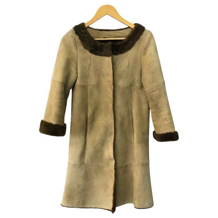 BALLSEY ボールジー ムートンコート レディース 冬 ミドル丈 リアルムートン 羊革 ノーカラー ベージュ 38サイズ 11-08-74-08206 中古 T1