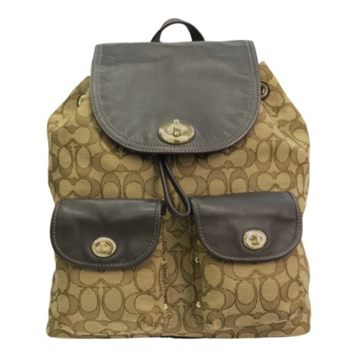 COACH コーチ シグネチャー リュック レディース バックパック デイパック 巾着 ターンロック ベージュ/ブラウン 中古 T1