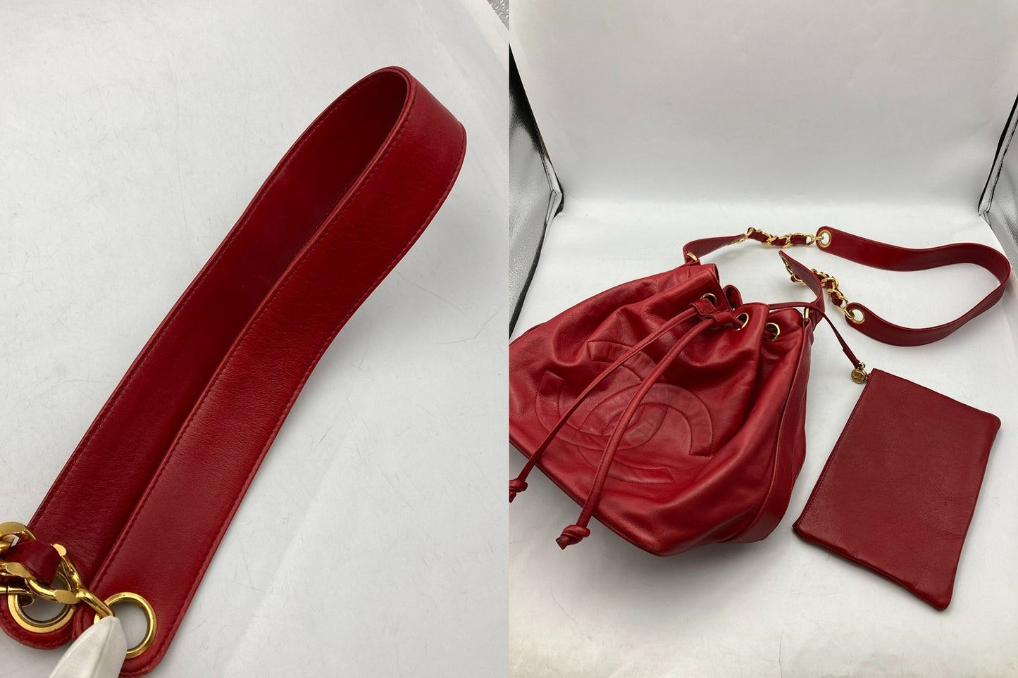 CHANEL シャネル ラムスキン ショルダーバッグ レディース 巾着 チェーンショルダー レッド 中古 D4