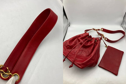 CHANEL シャネル ラムスキン ショルダーバッグ レディース 巾着 チェーンショルダー レッド 中古 D4