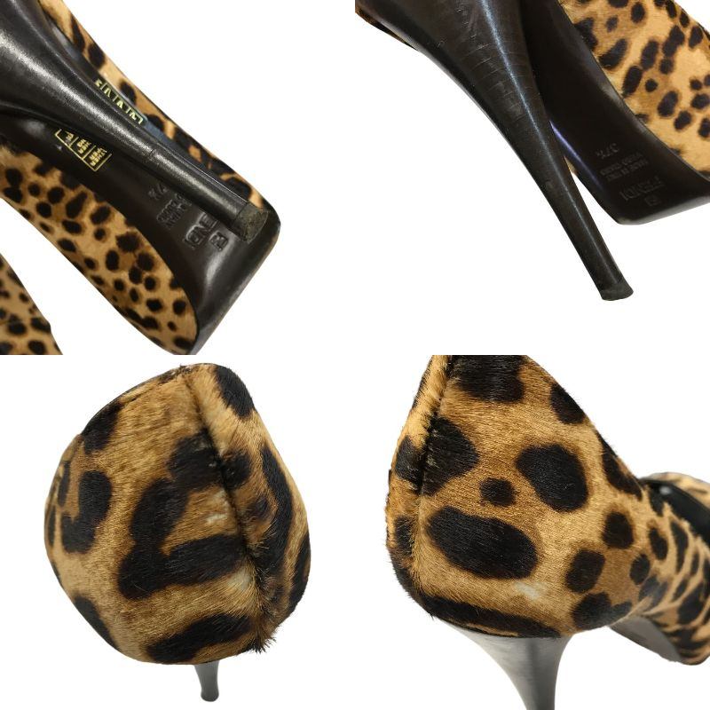 FENDI フェンディ パンプス レディース レオパード ハラコ オープントゥ ハイヒール ピンヒール 37.5 ブラウン 中古 T1