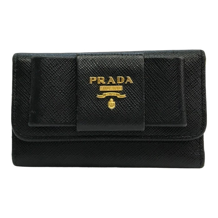 PRADA プラダ 6連キーケース レディース サフィアーノ レザー リボン ゴールド金具 ブラック 中古 T1