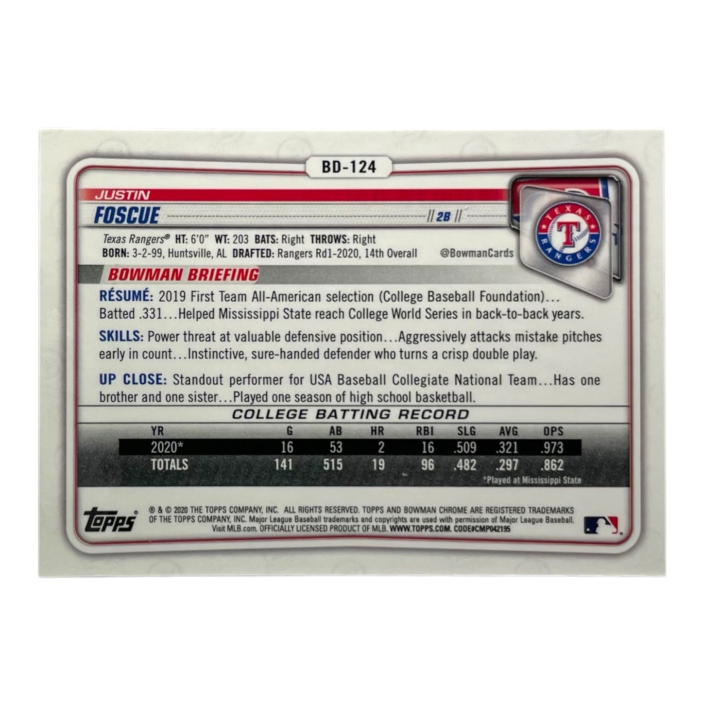 TOPPS MLBカード BOWMAN CHROME 1ST JUSTIN FOSCUE TEXAS RANGERS /150 #BD-124 中古 IT2