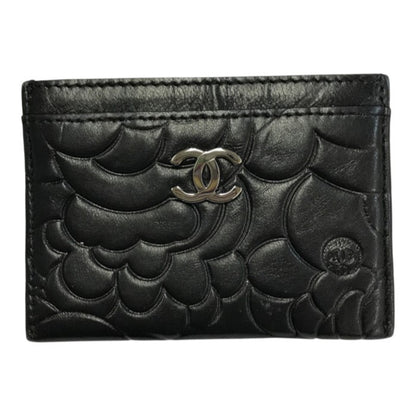 CHANEL シャネル カメリア カードケース レディース レザー エンボス ココマーク シルバー金具 ブラック 中古 T1