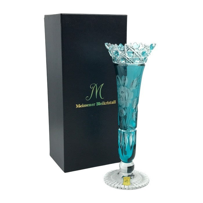 Meissener Bleikristall マイセン クリスタル 一輪挿し フラワーベース 花瓶 ハンドカット 花柄 ターコイズ 中古 T1