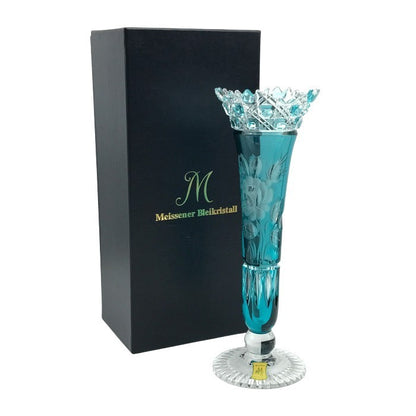Meissener Bleikristall マイセン クリスタル 一輪挿し フラワーベース 花瓶 ハンドカット 花柄 ターコイズ 中古 T1