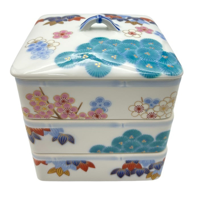 香蘭社 染錦松竹梅 三段重 和食器 重箱 ブランド 弁当 おせち 中古 W４