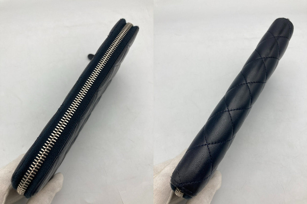 CHANEL シャネル マトラッセ ラウンドファスナー長財布 ダークネイビー シルバー金具 中古 D4